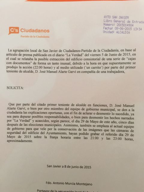 C´s San Javier presenta un escrito en el Ayuntamiento