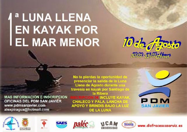 Santiago de la Ribera acoge la I Luna Llena en Kayak por el Mar Menor el domingo 10 de agosto